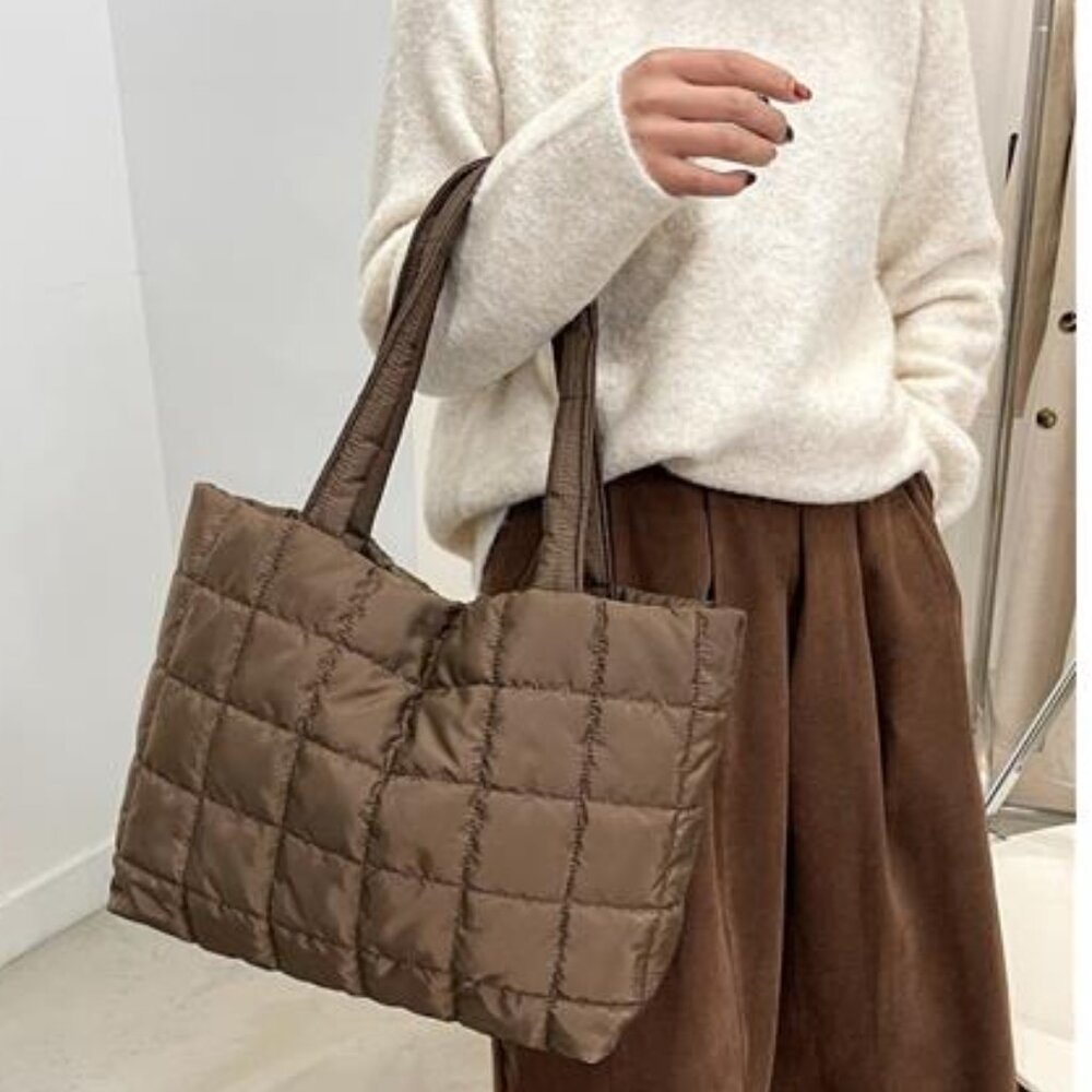 Brown Quilted Puffer Tote Bag
